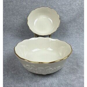 (2) Lenox Soup Salad Bowls Small Scalloped Gold Trim Embossed Roses 5.5” Dia EUC